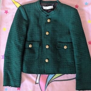 Zara Emerald Tweed Jacket with Gold Accents